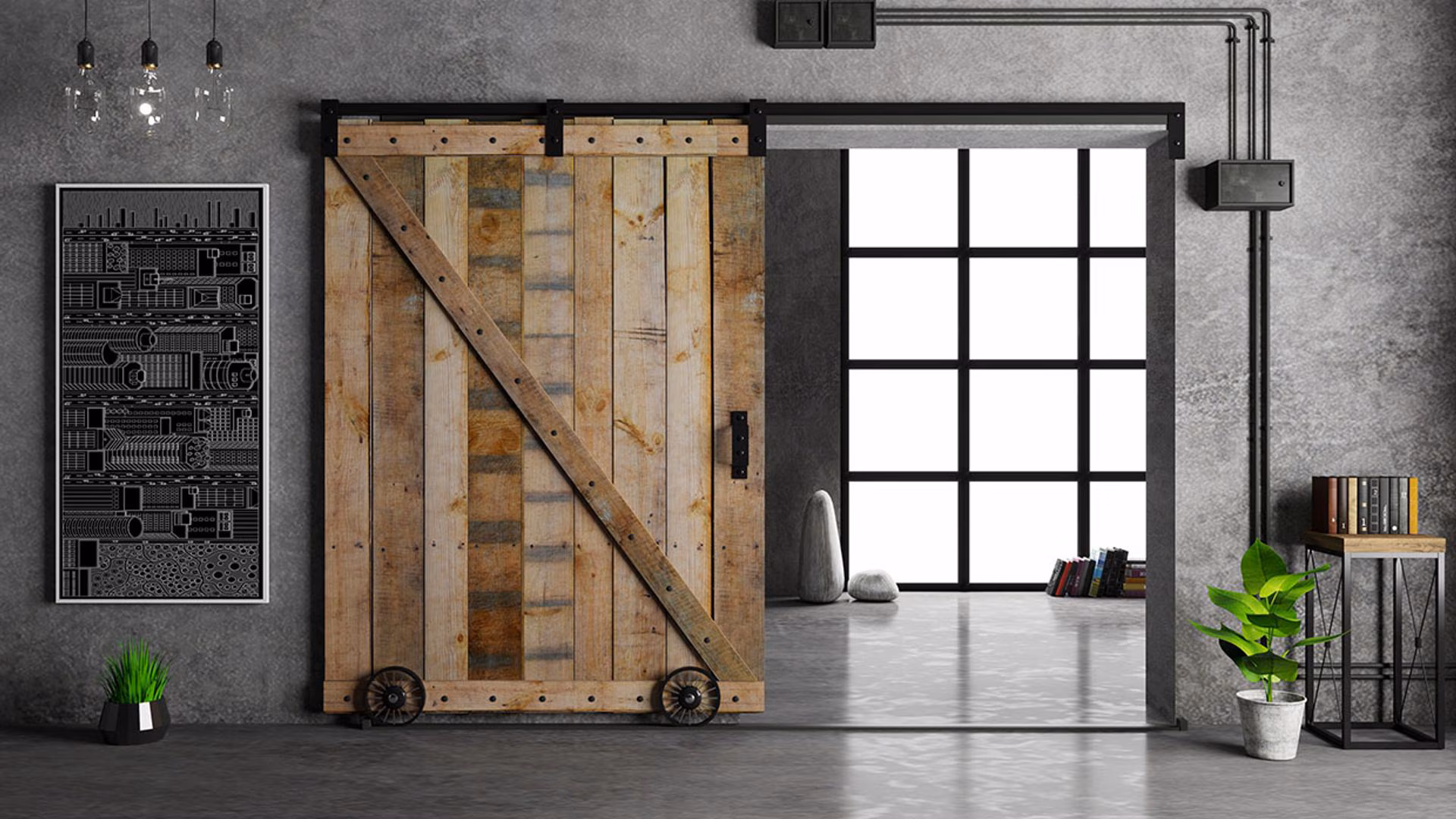Puerta estilo granero de madera rústica con riel superior